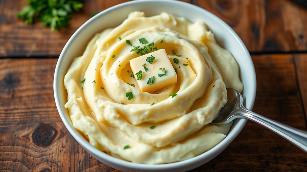 Creamy Garlic Mashed Potatoes Recipe A bowl of creamy garlic mashed potatoes topped with melted butter and parsley on a rustic wooden table.